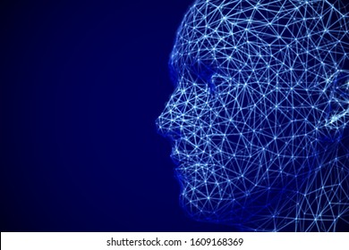 Artificial intelligence or deep machine learning concept: polygonal male face profile. Digital human or robot head - abstract visualization of neural network. EPS 10, vector illustration.