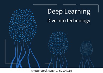 Artificial intelligence design concept with neural networks like a human brains or jellyfishes in the ocean. Applicable for artificial intelligence presentations, banners. Vector illustration