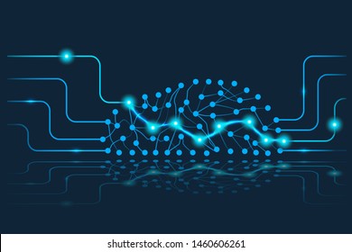 Artificial intelligence design concept with neural network like a human brain getting and handling information. Applicable for artificial intelligence presentations, banners. Vector illustration