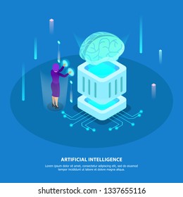 Artificial Intelligence Design Concept With Super Computer Chip And Digital Robotic Brain Isometric Glow Icons Vector Illustration