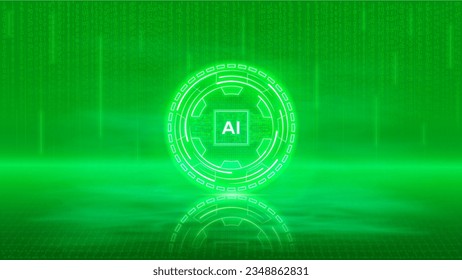 Artificial Intelligence design. Glowing neon AI sign on matrix background style. Vector illustration