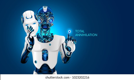 Artificial intelligence destroy humanity. Robot removes the anthropomorphic mask. AI gives the command to destroy. Evil mechanical robot head with burning eyes. Futuristic Scifi illustration.