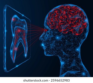 Artificial intelligence determines the health status of the tooth. Polygonal design of interconnected elements. Blue background.