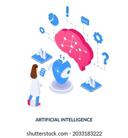 Artificial intelligence development concept. Girl with a tablet for writing in hands stands in front of a robot, processors and a brain icon . Isometric vector illustration on white background.