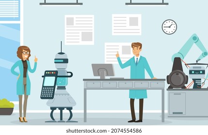 Artificial Intelligence Development with Man and Woman Scientist Engaged in Robot and Machine Research Vector Illustration