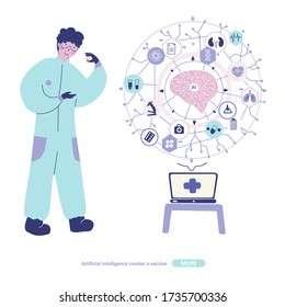 Artificial Intelligence, Development Of Vaccine Formula Drugs, Flat Cartoon Illustration.