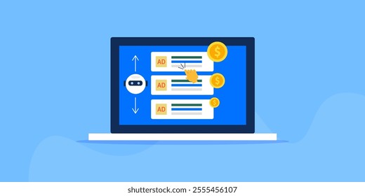 Artificial intelligence for digital advertising campaign, Ad campaign AI tool, Digital advertising with AI technology - vector illustration with icons