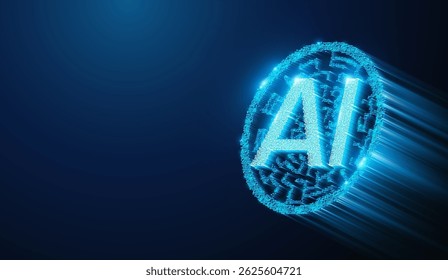 Arte Digital de Inteligência Artificial Ilustração vetorial abstrata representando a resolução de problemas da tecnologia de IA e pesquisa AGI composta de fibra óptica de neon brilhante em um fundo azul com espaço de cópia