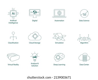 artificial intelligence, digital, automation, data science, classification, cloud storage, simulation, algorithm, virtual reality, deep learning, data center machine learning icon set            