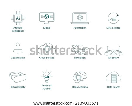 artificial intelligence, digital, automation, data science, classification, cloud storage, simulation, algorithm, virtual reality, deep learning, data center machine learning icon set            