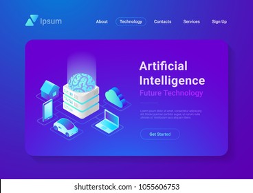 Artificial Intelligence digital Brain future technology isometric flat concept vector design. Laptop Electric Car Smartphone Brain House objects of AI.