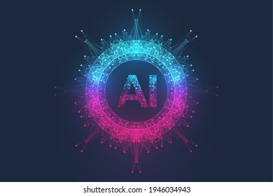 Artificial intelligence with Digital Brain, Neural Networks and Learning Processing Big Data, Machine Learning concept. Binary data flow on blue background. Vector illustration.
