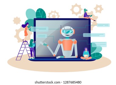 Artificial intelligence, digital brain and artificial thinking process concept, robot assistent on the laptop screen. People working together with cyber mind