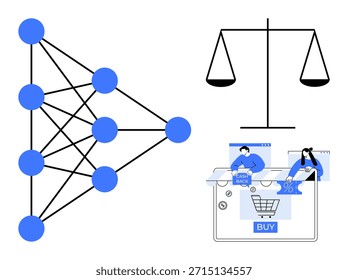 Inteligencia artificial, comercio digital, equilibrio jurídico, integración tecnológica, tendencias futuras, compras en línea. Red neuronal y Carrito de compras con escamas. Inteligencia artificial y digital