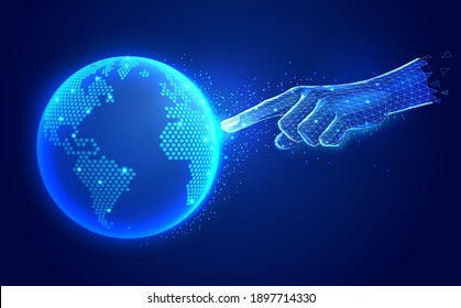 Artificial intelligence digital communication technology concept. Finger hand touch digital global map polygonal wireframe vector illustrations.