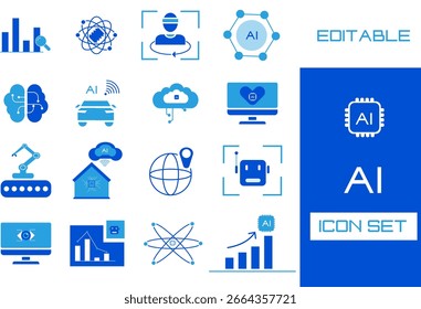 Artificial Intelligence Digital Data Analysis and Neural Network Icon Vector Set