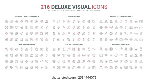 Artificial intelligence, digital data management and transformation line icon set. New futuristic innovation technology, lightning bolt and gear thin black and red outline symbols vector illustration
