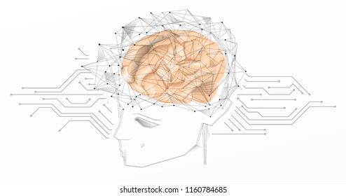 Artificial intelligence. Digital dot net blue techno and realistic brain, human silhouette future technology concept vector design. Modern cyber shine style. Artificial Intelligence Computer EPS 10.
