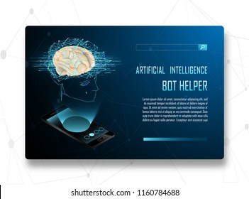 Artificial intelligence. Digital dot net blue techno and realistic brain, human silhouette future technology concept vector design. Modern cyber shine style. Artificial Intelligence Computer EPS 10.