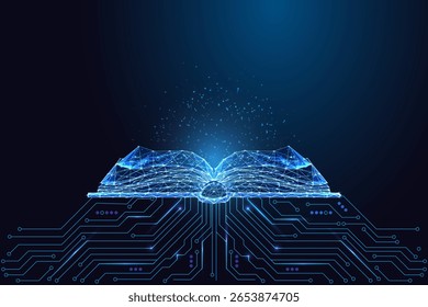 Artificial intelligence and digital education visualized by glowing open book on tech circuit board. Concept of AI learning, online knowledge, smart data, and education innovation. Vector illustration