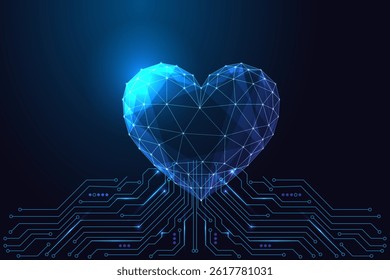 Artificial intelligence and digital emotion concept with glowing geometric heart connected to circuit board on dark blue background. Health tech. Futuristic low poly style abstract vector illustration