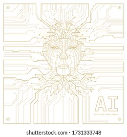 Artificial Intelligence. Digital Face Scanning. Computer electronic circuit. Concept of artificial intelligence or ai technology advancement. Vector illustration. 