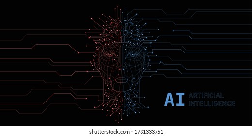 Artificial Intelligence. Digital Face Scanning. Computer electronic circuit. Concept of artificial intelligence or ai technology advancement. Black background.