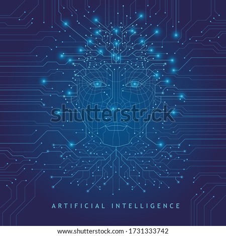 Artificial Intelligence. Digital Face Scanning. Computer electronic circuit. Concept of artificial intelligence or ai technology advancement. Blue background.