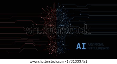 Artificial Intelligence. Digital Face Scanning. Computer electronic circuit. Concept of artificial intelligence or ai technology advancement. Black background.