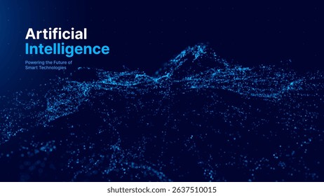 Artificial Intelligence Digital Landscape, Abstract Particle Data Wave in Blue on Dark Background for Tech, AI, or Future Innovation Themes. Vector Illustration.
