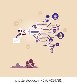 Inteligencia artificial en el concepto de marketing digital o redes sociales, use la inteligencia artificial en las redes sociales, el robot de IA sostiene el megáfono para comunicar un descuento a los Clientes