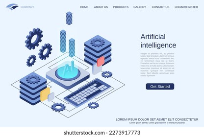 Artificial intelligence, digital mind technology flat 3d isometric vector concept illustration