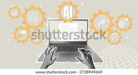 Artificial Intelligence and Digital Productivity. A trendy halftone collage. A concept for automating tasks using artificial intelligence. Vector illustration