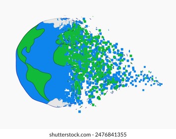 Artificial intelligence and digital reality showing half of planet earth dissolving into small bits or pixels.