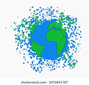 Inteligencia artificial y realidad digital que muestra el borde del planeta tierra disolviéndose en Pequeños bits o píxeles