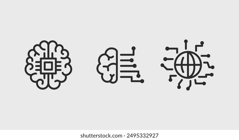 Artificial intelligence and digital technology icons. Artificial intelligence digital technology trendy minimal icons set. Design signs for web page, mobile app, packaging design. Vector illustration