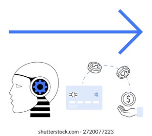 Inteligência artificial, transações digitais, tecnologia financeira, automação, inovação, pagamentos online. Cabeça humana com engrenagem, moedas de mão de cartão de crédito e seta. Inteligência artificial