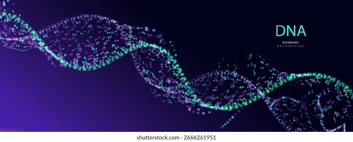 Banner de DNA de inteligência artificial. Vetor de inovação de ligação futura de ondas de hélice de partículas. Fundo de molécula de dna da biologia de Big data. Tecnologia ai design de pontos de código genético.