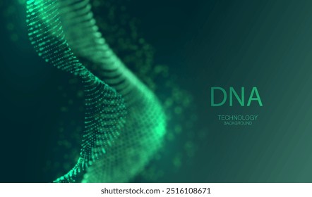 Artificial Intelligence DNA particle waves future connect innovation vector design. Big data biology dna molecule background. Technology ai green particles dots banner.