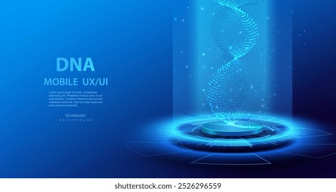 Artificial Intelligence DNA particle waves on technology platform. Future chromosome connect innovation vector design. Biotech genetic biology dna molecule background. Ai blue particles dots banner.