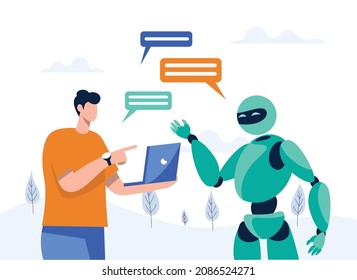 Artificial intelligence doing tasks at laptop. automatic agent assignment, Robot chat with man illustration concept vector