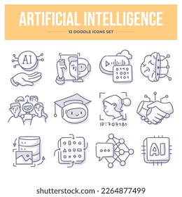 Artificial intelligence doodle icons collection. Machine learning, algorithms, natural language processing, data analyzing, images recognition