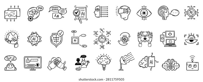 Artificial intelligence doodle symbols. Ai technology icons for digital cooperative work process. Communication, smart online process, neoteric vector set