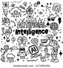 Fondo de la ilustración del vector del doodle de inteligencia artificial, dibujado a mano