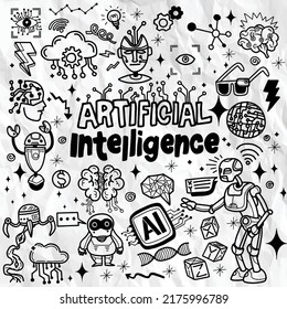 Artificial intelligence doodle vector illustration background, hand drawn