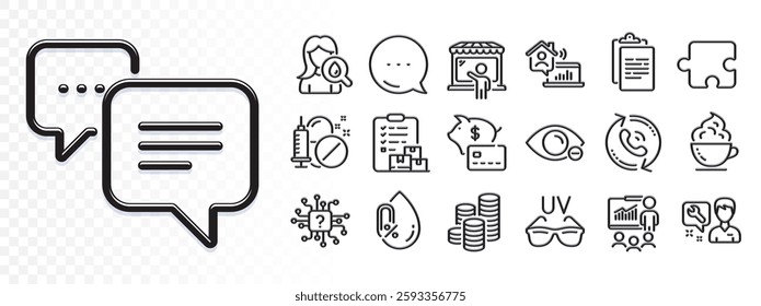 Artificial intelligence, Dots message and No alcohol line icons for web app. Glare of light effect. Message icon. Pack of Medical drugs, Myopia, Clipboard pictogram icons. Vector