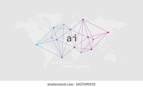 Artificial Intelligence. Dotted world map background. Network pattern. Machine deep learning. Smart digital technology. AI vector illustration. Blue and pink gray white design element