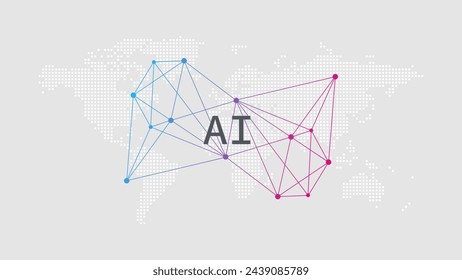 Inteligencia Artificial. Fondo de mapa mundial punteado. Patrón de red. Aprendizaje profundo. Tecnología digital inteligente. Ilustración de vector AI. Elemento de diseño de gradiente neuronal azul y rosa