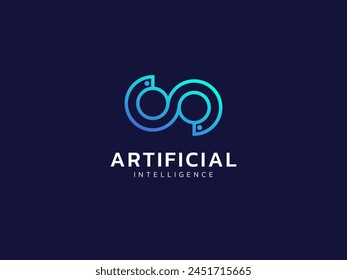 Artificial intelligence with Double circle network lines twisted infinity symbol technology Analysis logo vector design concept. AI technology logotype symbol for advance technology, tech company, ui.