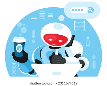 Artificial intelligence draws a picture based on a search query. Artificial intelligence robot draws on a tablet, drinks coffee and talks on a smartphone. AI at work. Vector illustration